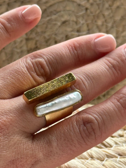 Selva de Oro Baroque Pearl Double-Bar Statement Ring