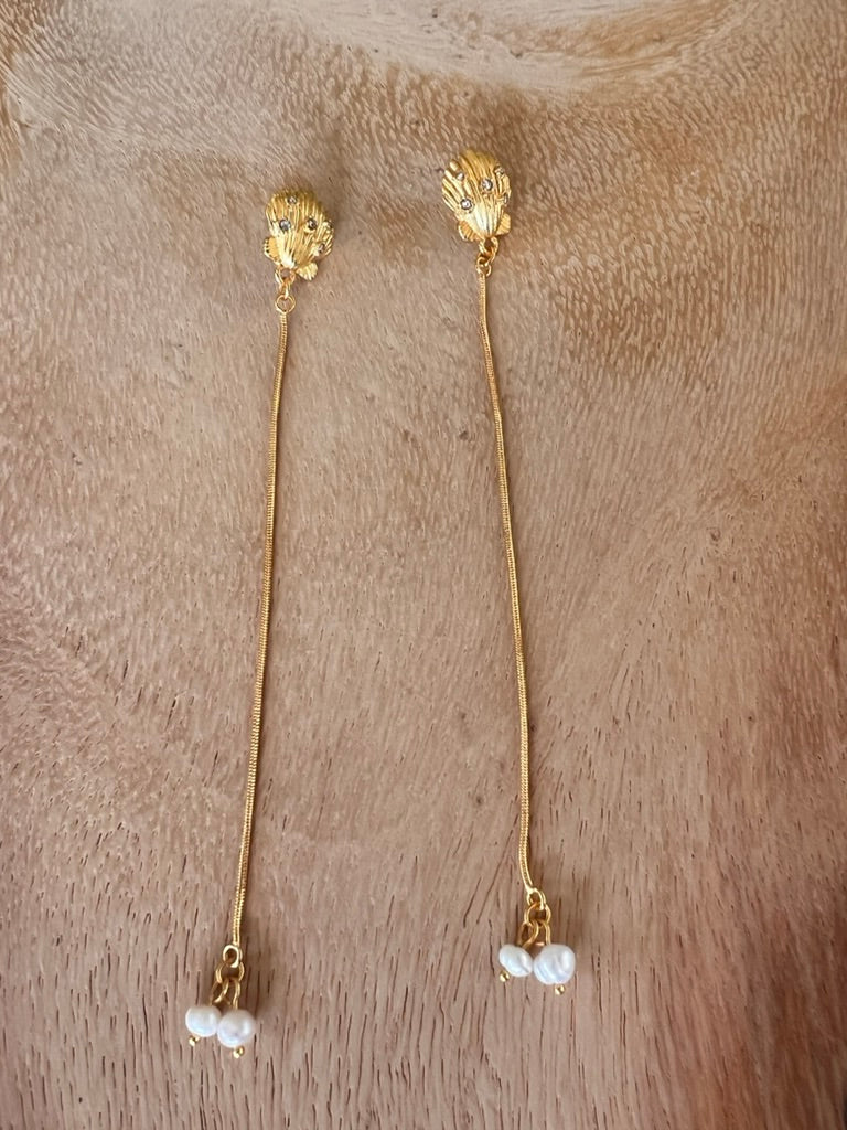 Long Seashell with Pearl Accent Statement Mermaid Earrings