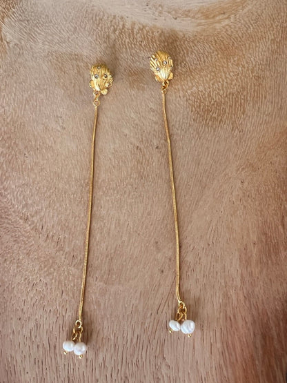 Long Seashell with Pearl Accent Statement Mermaid Earrings