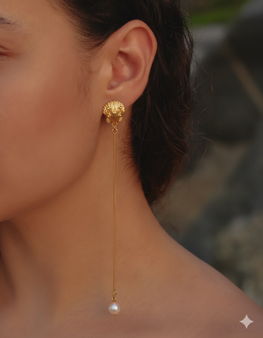 Long Seashell with Pearl Accent Statement Mermaid Earrings