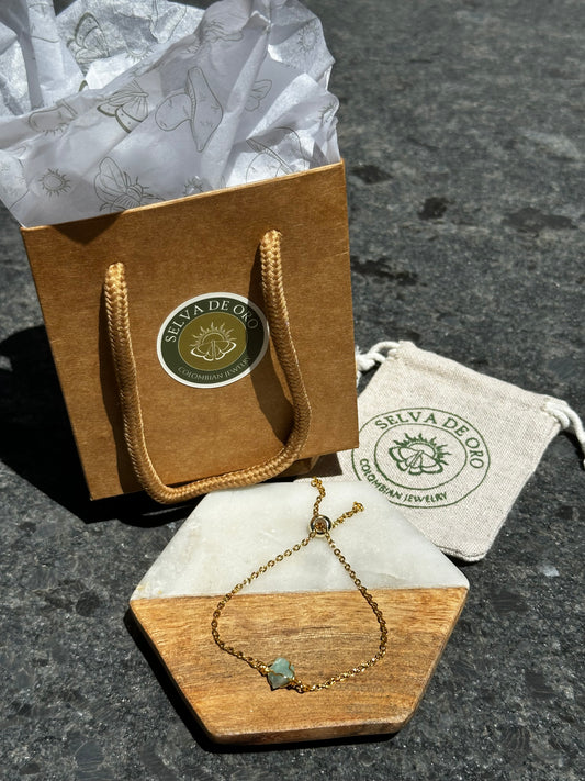 Raw Colombian emerald gold stainless steel chain bracelet with adjustable slider closure by Selva de Oro