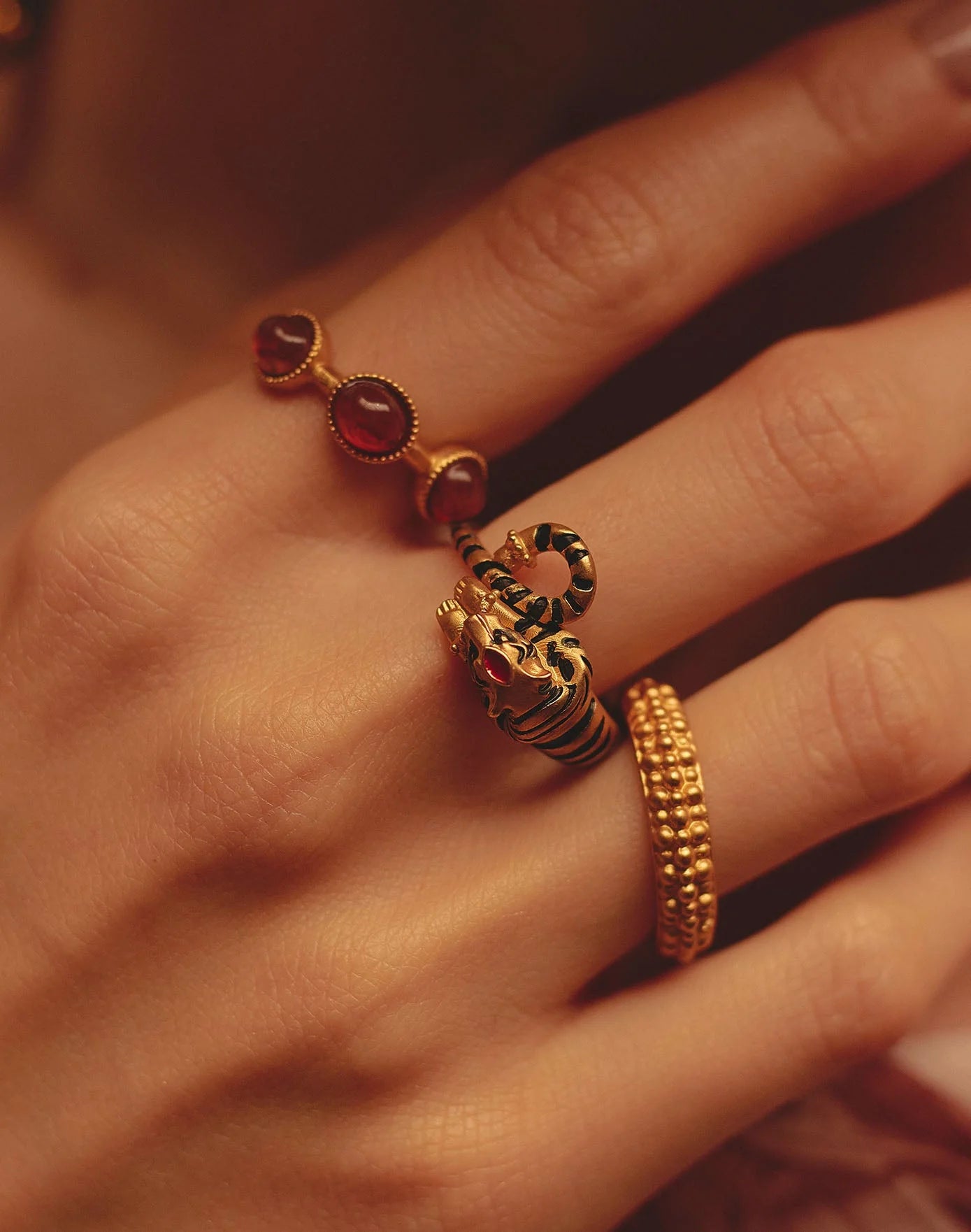 Nirvana Ring Set of 3 - Tiger, Cabochon & Dotted Ring Set by Entrelazos