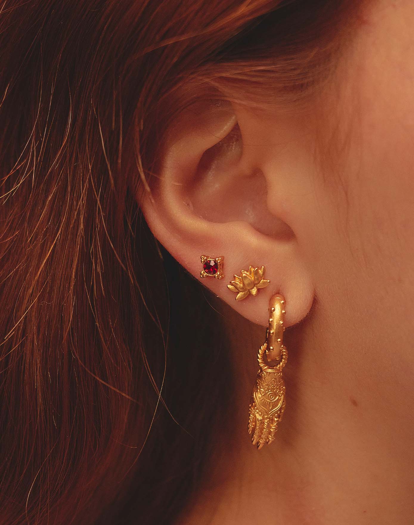 Lotus, Crystal & Hamsa Earring Set of 3 by Entrelazos