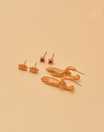 Lotus, Crystal & Hamsa Earring Set of 3 by Entrelazos