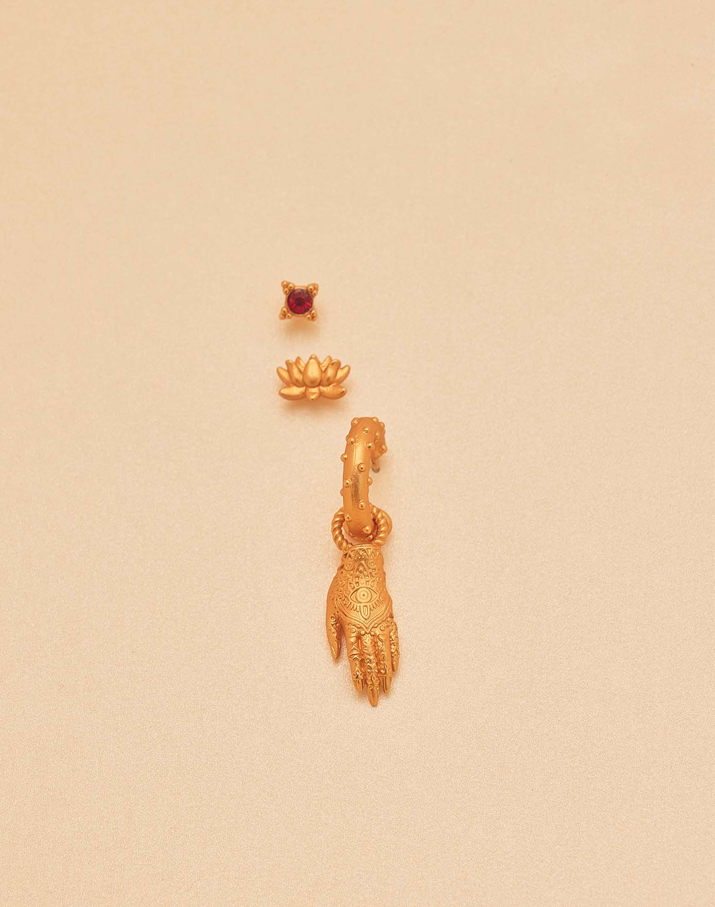 Lotus, Crystal & Hamsa Earring Set of 3 by Entrelazos